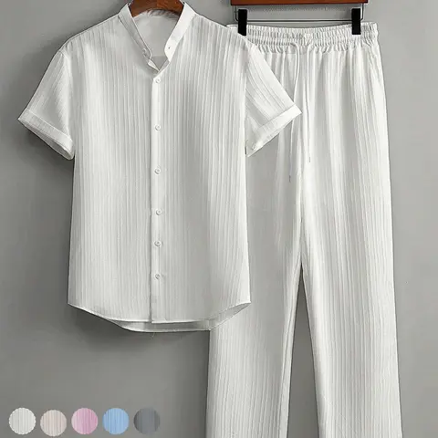 Men's casual 2‑piece set, short‑sleeve button stand‑collar shirt and pants outfit, fashionable summer beachwear, made of comfortable lightweight fabric for casual wear, ideal for vacations and outdoor activities