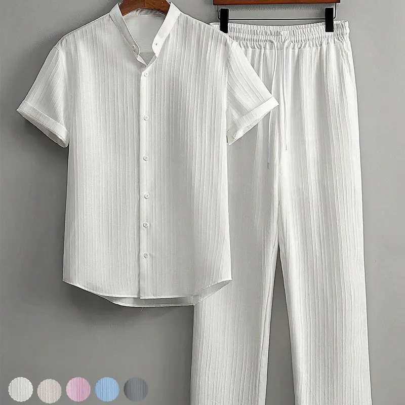 Men's casual 2‑piece set, short‑sleeve button stand‑collar shirt and pants outfit, fashionable summer beachwear, made of comfortable lightweight fabric for casual wear, ideal for vacations and outdoor activities