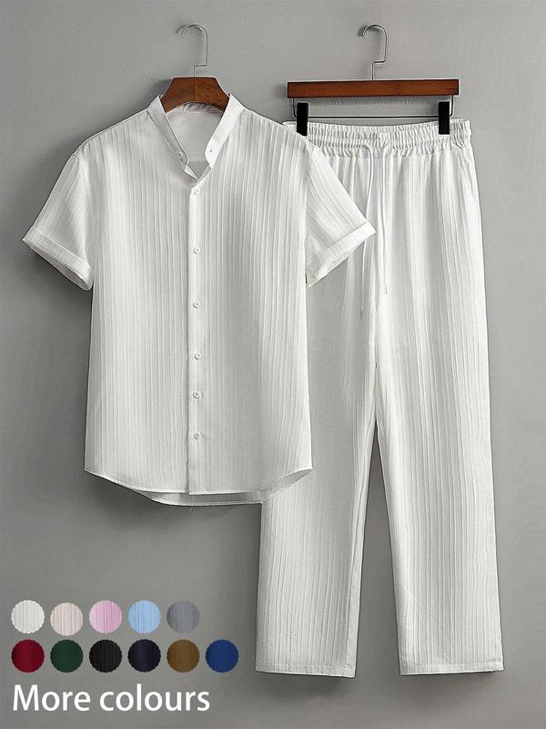 Two-Piece Set Men's Linen Set, Casual Short Sleeve Button Up Shirt & Pants Set for Summer, Men's Clothes for Beach Vacation