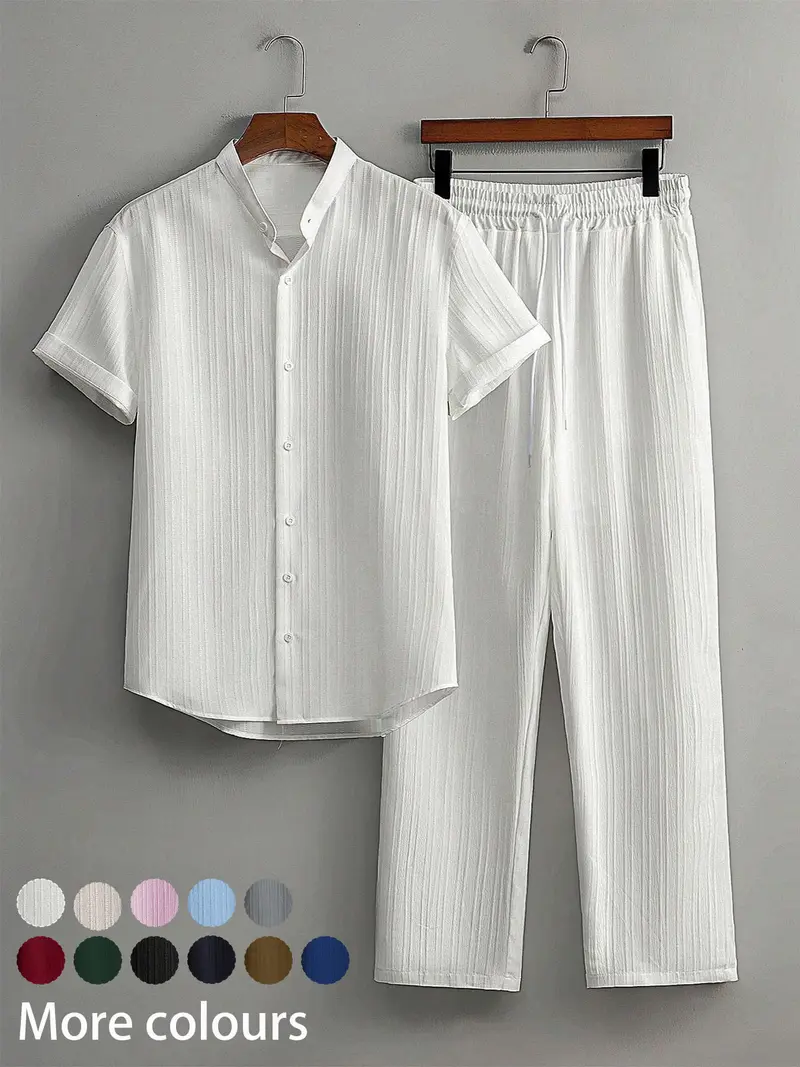 Two-Piece Set Men's Linen Set, Casual Short Sleeve Button Up Shirt & Pants Set for Summer, Men's Clothes for Beach Vacation