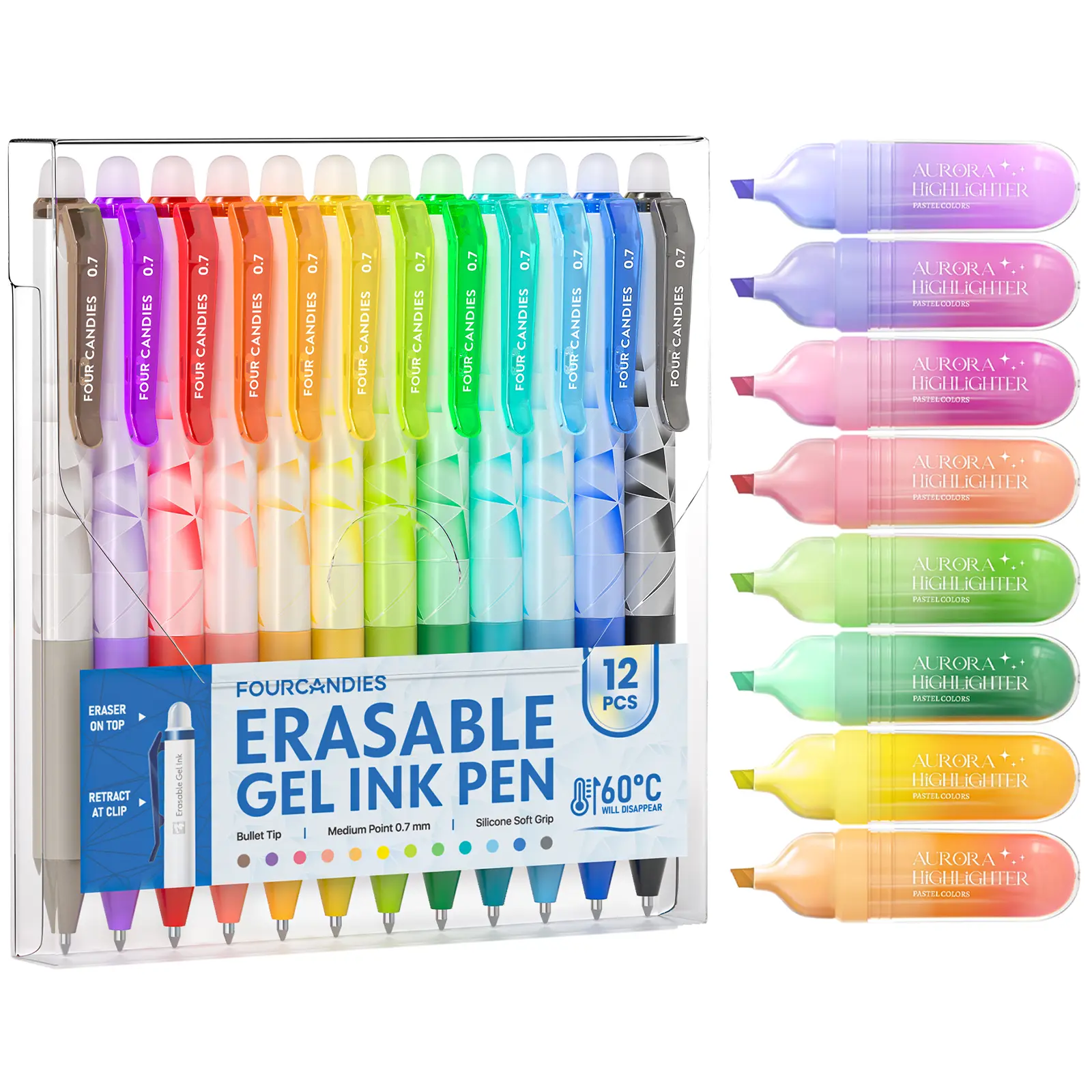 【Buy 2 Get Free Gift】FourCandies Erasable Gel Pens,0.7mm Clip Retractable Pens,soft silicone grip with built-in eraser,Ideal for Bible journaling, planner layouts and faith note-taking.Ultra-smooth writing for planner lovers and Bible study enthusiast