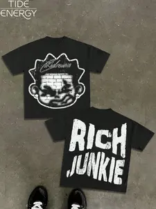 Men's Oversized Streetwear T-Shirt, Rich Junkie Vintage Letters & Cartoon Bricks Print, Soft Breathable Short Sleeve, Hip Hop Y2K Style