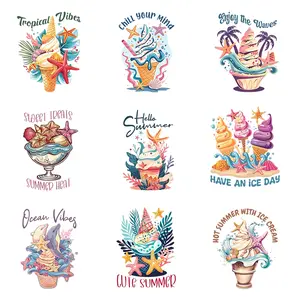 9 Pieces of Ice Cream Theme Iron-On Transfers Set, Easy Heat Press Stickers for DIY Clothing & Accessories, T-Shirts, Masks, Jeans, Backpacks