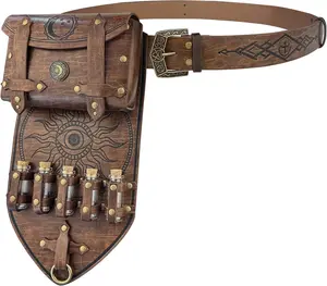 3 count Medieval Alchemy Faux Leather Belt Bag Set with 5 Cork Potion Vials, Fantasy Embossed Wizard Belt (Brown A)
