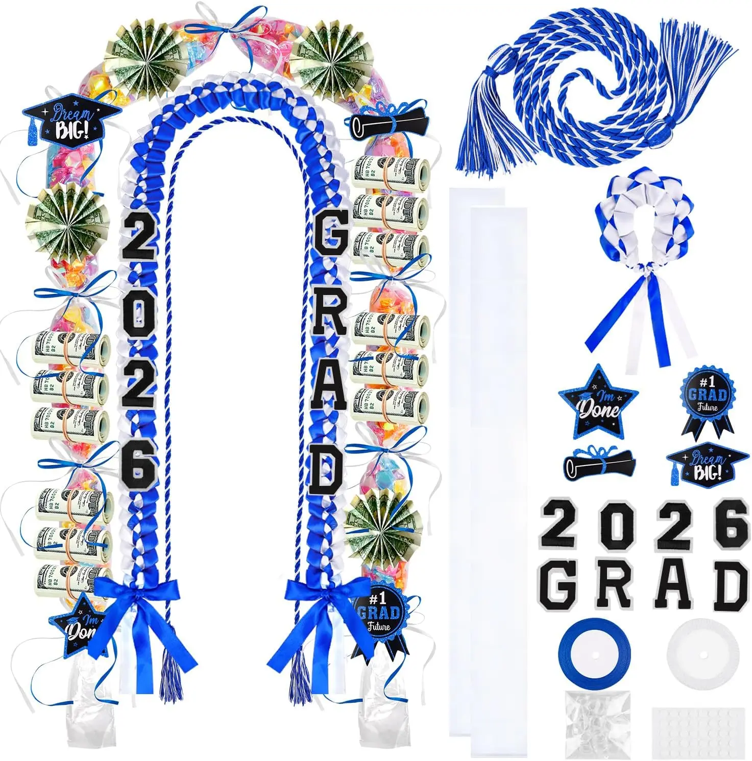 LUYI 18 Pcs 2026 Graduation Lei Making Kit, Graduation Necklace Candy Leis Class of 2026 Double Layer Ribbon Money Lei Accessories with Bracelet & Honor Cord for DIY Graduate Gifts Women Men(Blue, White)