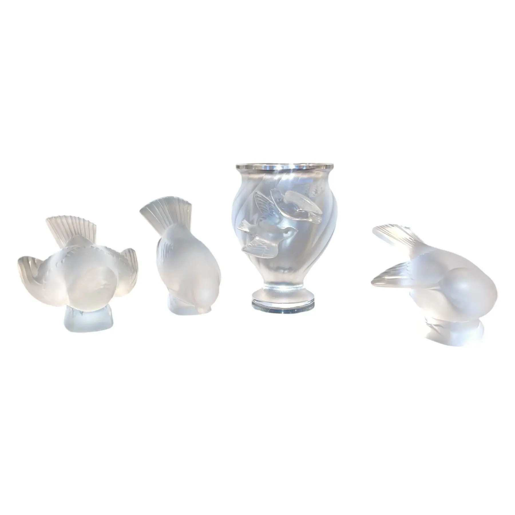 Set of Four Lalique Frosted Crystal Pieces Rosine Vase & Sparrows. Late 20th C.