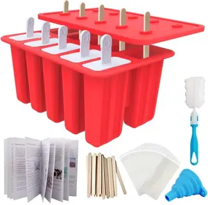 Homemade Popsicle Molds, 10-Cav Non-BPA Silicone Ice Pop Maker, with 50 Sticks, 50 Bags, 10 Reusable Sticks, Funnel, Brush and Ice Pop Recipe (Red)