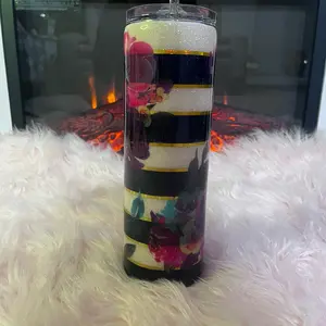 30oz Blue & White Striped Floral Tumbler