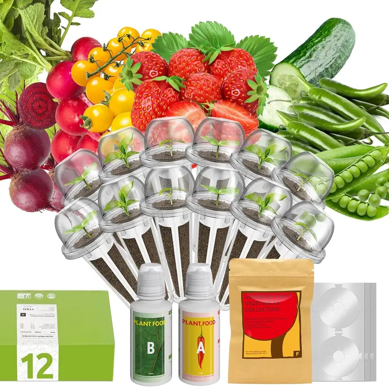 12-Pod Fruit Seed Pod Kit for AeroGarden, iDOO, Ahopegarden Hydroponic Growing System, Included Strawberry, Cucumber, Green Pepper, Golden Tomato, Radish,  Pea, Beet, 400+ Seeds
