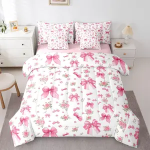 Ribbon Bow 7 Piece Bedding Set,Rose Comforter Set with Sheets Cute Bowknot Pink Bowtie Flowes Girly Bed in a Bag Coquette Princess Kawaii Bow for Kids Girls Women