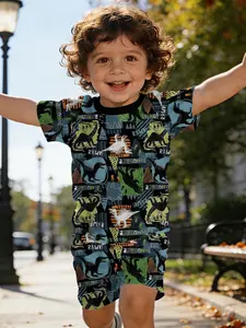 Vintage Dinosaur Graffiti Digital Print Toddler Short Sleeve Set, Casual Kids' Clothing for Babies, T-Shirt Suitable for Daily and Outdoor Activities, 100% Polyester, Perfect Gift for Infants and Toddlers!