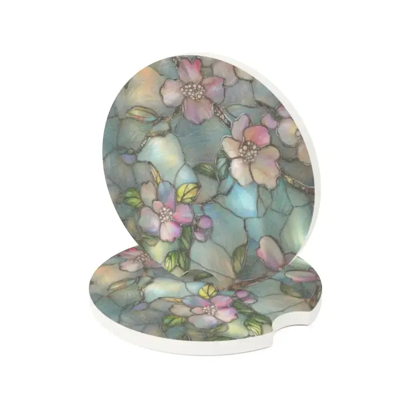 Stained Glass Floral Ceramic Car Coasters Set of 2, Pastel Botanical Cup Holder Inserts, Absorbent Universal Car Accessories, Vintage Car Interior Decor Gift for Women