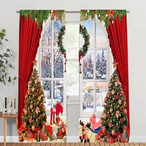 Merry Christmas Themed Curtain, 2 Counts/set Semi Blackout Curtain, Window Curtain for Home Living Room Bedroom Office Decor