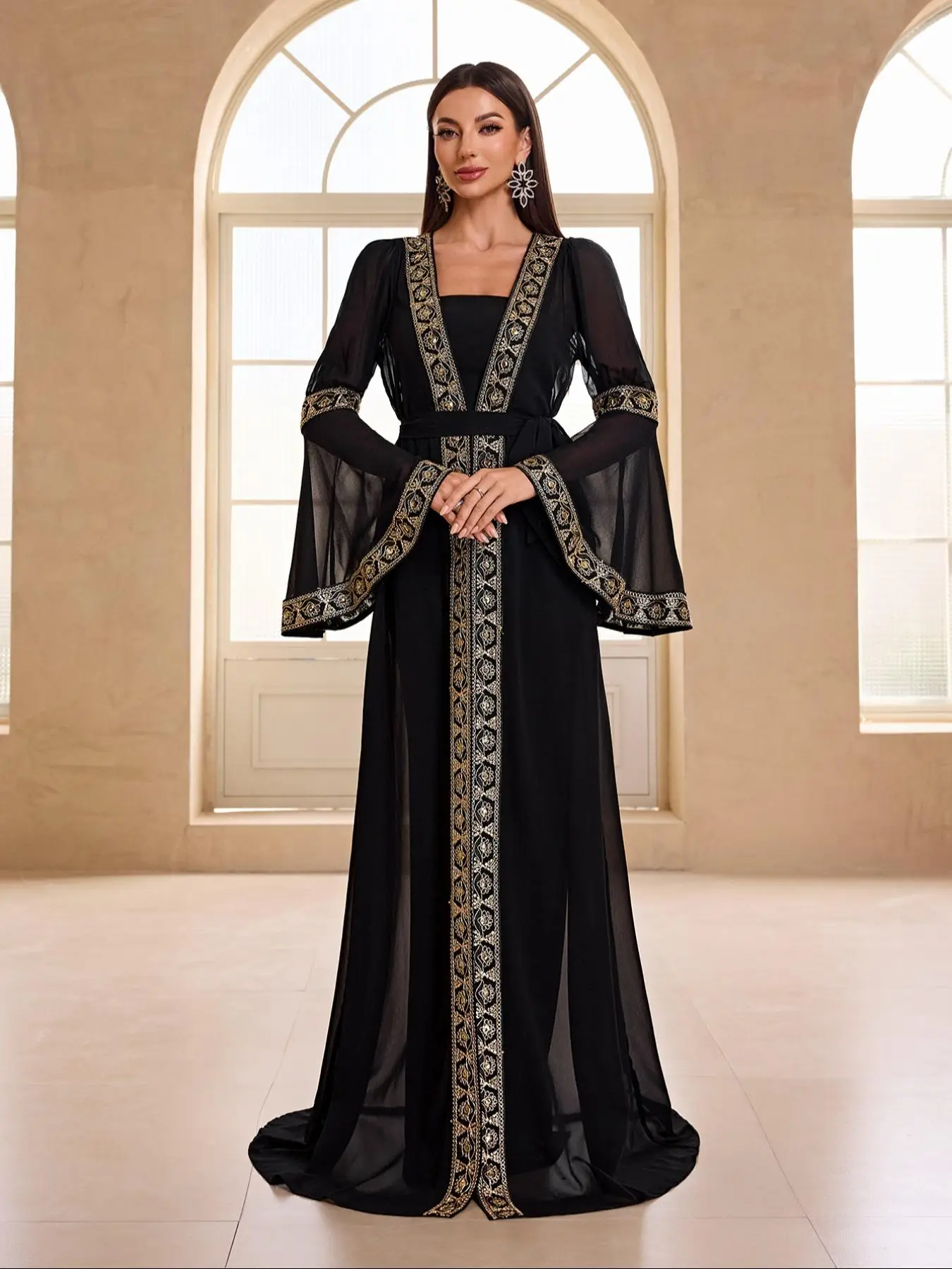 Women's Arabic Clothing, Elegant Long Sleeve Outerwear & Dress, Women's Two-piece Set Outfit for Party Wedding, Ladies Islamic Muslim Clothing for All