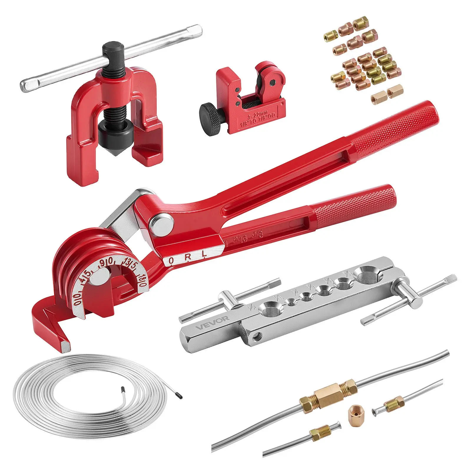 【Summerfinds】VEVOR 3/16" Brake Line Repair Kit, 45 °   Single Brake Line Flaring Tool Kit, 25FT Copper-Coated Brake Line with 20 Fittings & 2 Unions, 3-in-1 Tube Bender (1/4", 5/16", 3/8"), Tube Cutter Included Aluminum Wide Pipe Compatibility