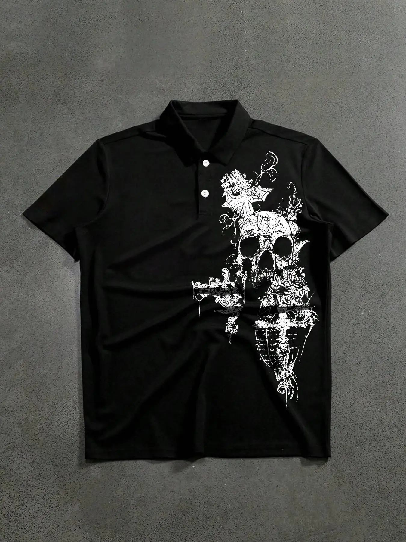 Men's Gothic Skull Floral Print Polo Shirt, Short Sleeve Button Neck T-Shirt, Casual Fashion Streetwear Daily Wear Top, Classic