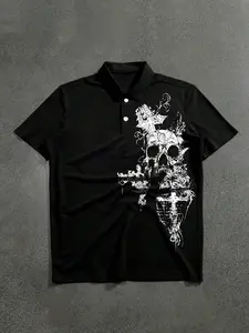 Men's Gothic Skull Floral Print Polo Shirt, Short Sleeve Button Neck T-Shirt, Casual Streetwear Daily Wear Top