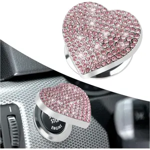 Bling Push Start Button Cover,Heart Design Push to Start Button Cover with Rhinestone for Car Decoration,Scratch-Resistant Engine Start Stop Button Cover for Women & Girls (Pink)