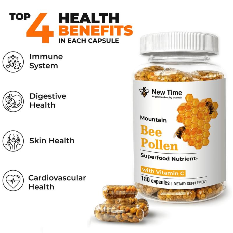 Bee Pollen with Vitamin C, 180 Capsules, Organic Dietary Supplement, Fermented Multivitamin Probiotic Superfood Vital Proteins Immune Support & Energy