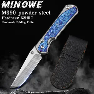 High-quality CR‑Mo 390 steel folding pocket knife with a leather sheath and pocket clip, suitable for outdoor mountaineering, camping, hiking, fishing, and fruit cutting.
