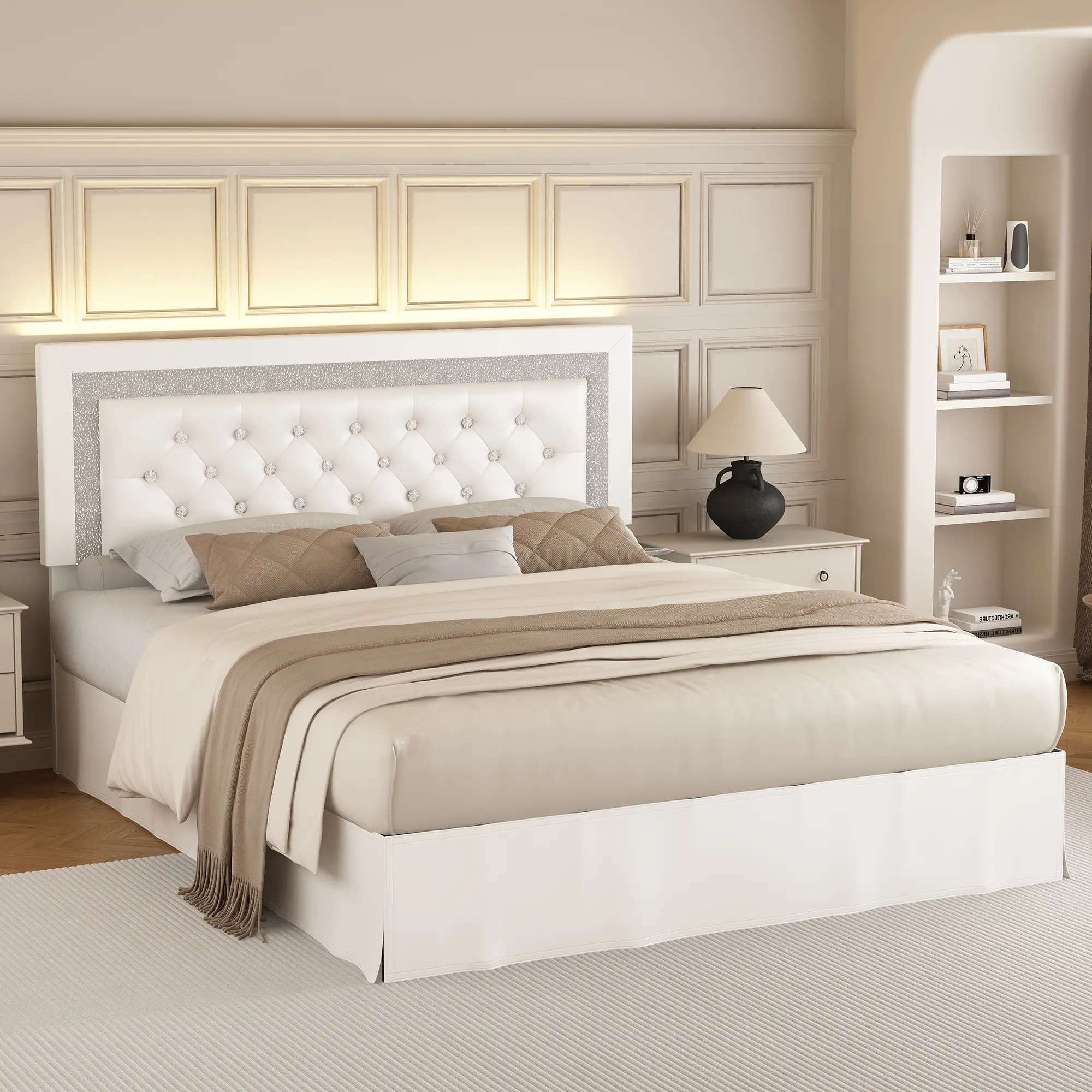 [Deals for You Days] SIBEDS Queen Bed Frame with Adjustable Headboard Upholstered Platform Bed for Bedroom LED Light and Skirt Design Diamond Tufted Linen Wooden Slats Support Easy Assembly