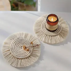Round Cotton Woven Coaster Tassel Placemat Handmade Macrame Coaster Bohemian Style Non-Slip Coaster Coffee Pad Table Decoration Restaurant Use Gulbang Festival Mubarak