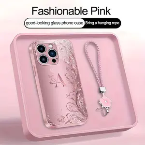 Suitable for [iPhone 14 Pro] high-end women's phone case🤩，a beautiful four-leaf clover lanyard is included🍀，a free four-leaf clover lanyard is included, with 26 letters of the alphabet to choose from and exquisite flower patterns YM99