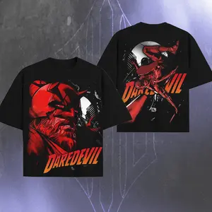 Daredevil Men's Oversized Cotton T-Shirt Epic Design Regular Fit Heavyweight Graphic Tee for Movie Fans Classic Menswear Top Black Floral Print Straight Streetwear Tshirt Short Sleeve