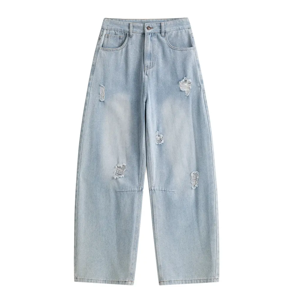 Men's Retro Style Baggy Distressed Wide-Leg Polyester Denim Jeans - Preppy Relaxed Fit, Ripped Details, Buttons, Foldable Casual Pockets, Durable Comfortable Streetwear Trousers for Easter Menswear Bottoms, Baggy Men's Jeans, 90S Wide-Leg Men's Jeans, 00S
