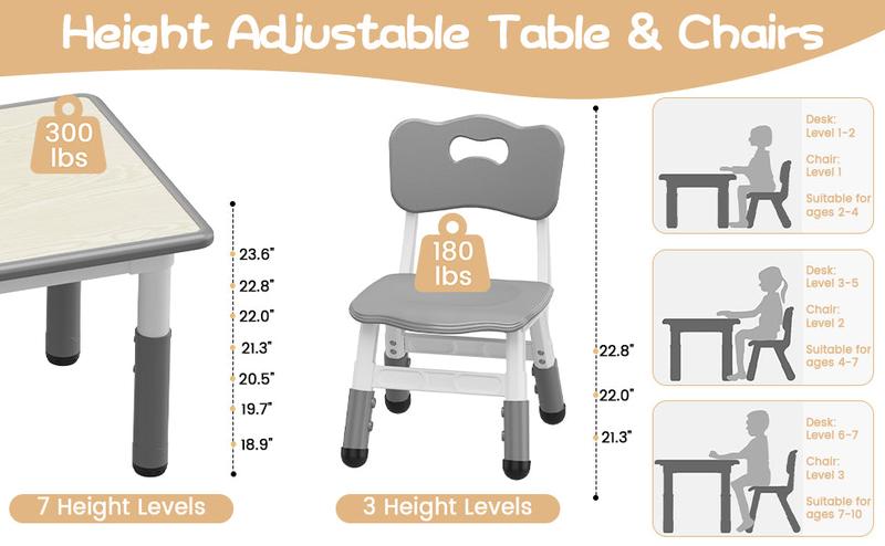 GARVEE Adjustable Table and Chair Set for Ages 2-10, Featuring Graffiti Desktop and Non-Slip Legs, Perfect for Arts & Crafts Activities in Daycare, Classroom, or Home - Available in Grey and Natural Colors