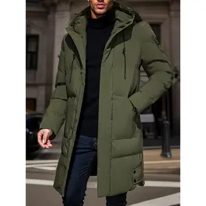 Men's Winter Mid-Length Hooded Tops Jacket - Plain, Long-Sleeve, Warm, Stylish, Casual, Lightweight Polyester, Loose-Fit Coat with Pockets, Zip-Up Front, for Casual Attire