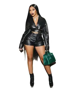 PU Jacket and Shorts Women's Sets Casual Outfits Faux Leather 2 Piece Set Black Womenswear