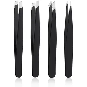 4 PCS Stainless Steel Tweezers Set Black | Precision Tweezers for Ingrown Hair, Facial Hair, Splinter, Blackhead and Tick Remover