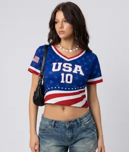 Women’s Blue Soccer Style Crop Top Custom Name Number V Neck Breathable Quick Dry Sporty Shirt Trendy Game Day Outfit