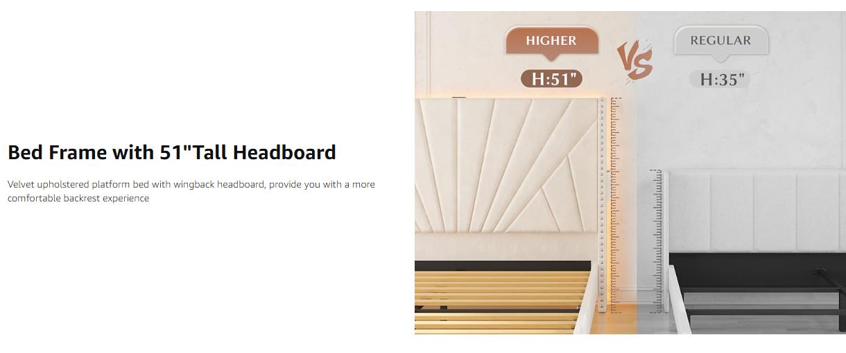 Raybee Furniture Queen Velvet Upholstered Bed Frame with 51" Tall Headboard, NO MATTRESS, Upholstered Bed Frame, King Size with LED Lights and Charging Station, Sturdy Wood Slat, Easy Assembly, No-Noise, Gift for Moving House [Black Friday]