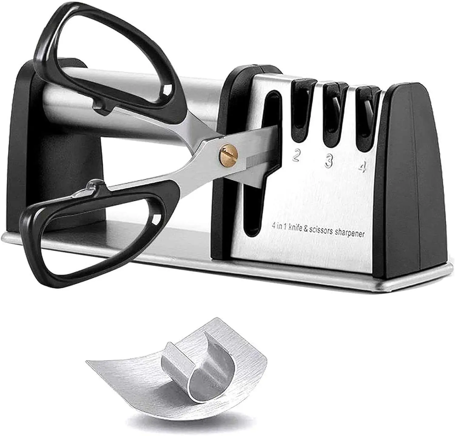 Sharpeners,  4 in 1 Manual Kitchen  & Scissor Sharpeners, 4 - Stage  Sharpening System with  Steel, Ceramic Stone,  Design, Non-slip BaseBlack