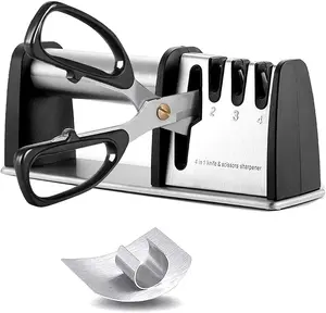 Sharpeners,  4 in 1 Manual Kitchen  & Scissor Sharpeners, 4 - Stage  Sharpening System with  Steel, Ceramic Stone,  Design, Non-slip BaseBlack