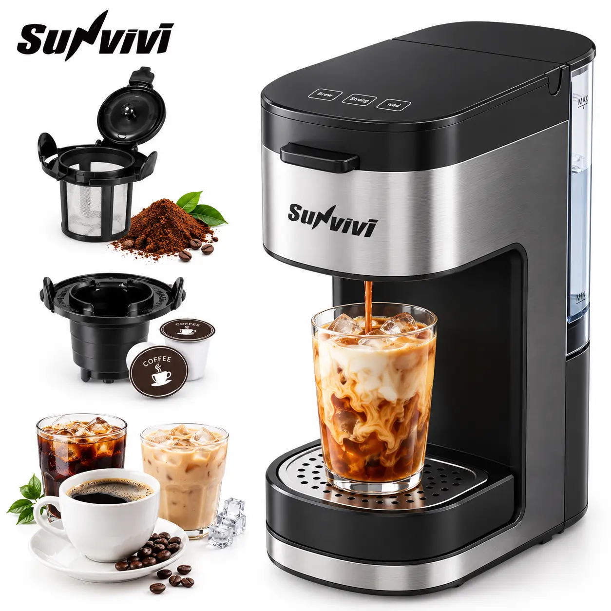 SUNVIVI Single Serve Coffee Maker - 30oz Multi Brew Sizes, Pod & Ground Compatible, Hot/Iced Capable, Mini Quick Brew Machine for Home, Office, Home Coffee Setup