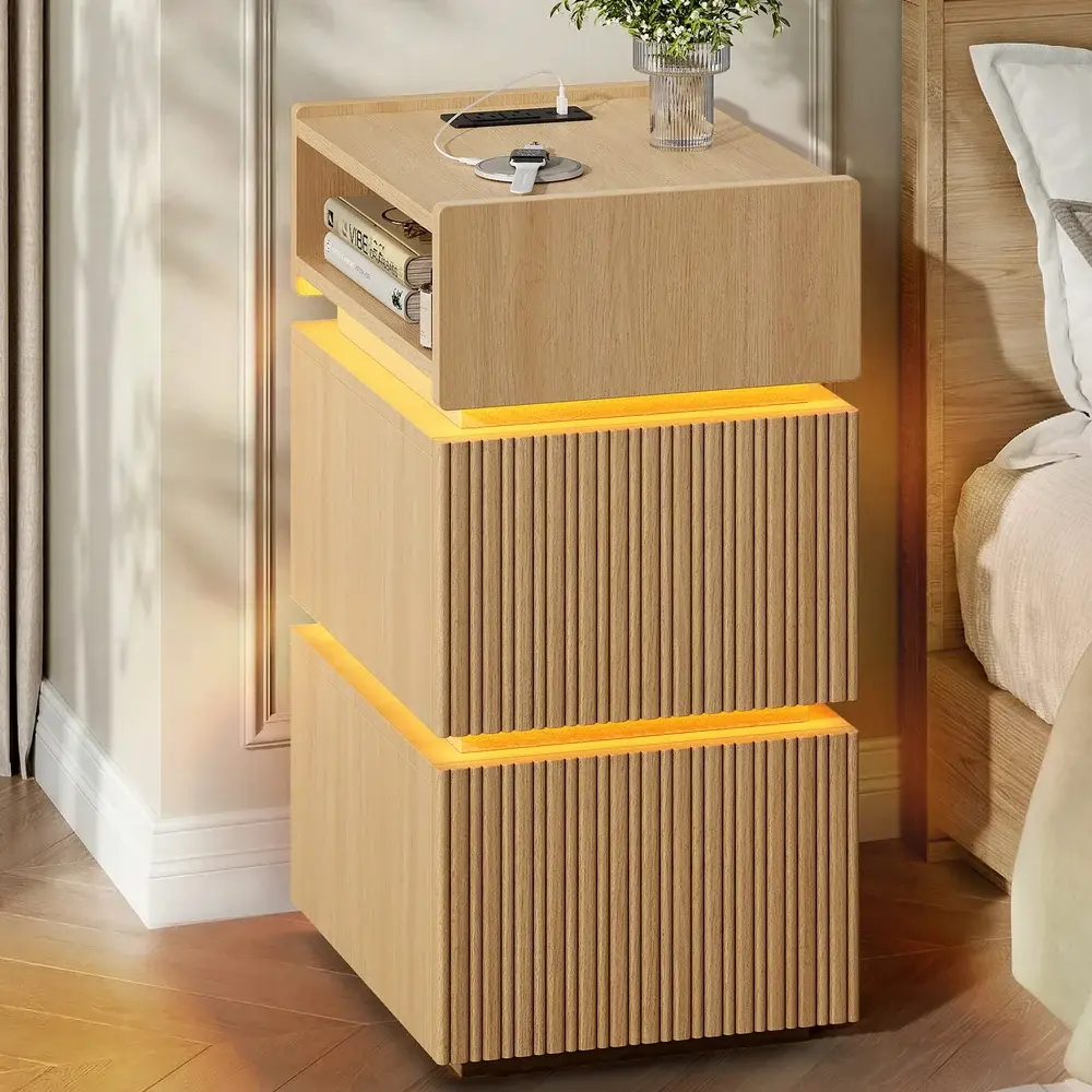 SIKAIC Nightstand with Charging Station and 3-Color LED Lights, 2-Drawer Bedside Table with USB-C and Open Shelf