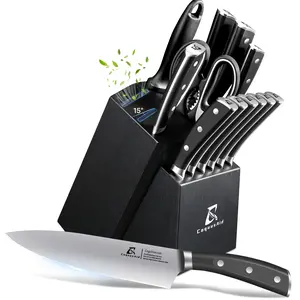 【TikTokShopJumpstart】COQUUSAID Knife Set, Kitchen Knife Block Sets with Sharpener, 6 Steak Knife Set Serrated with Block, 15 PCS Forged German Stainless Steel Rust Proof Knives, Dishwasher Safe Black, New Beveled Design Valentines Day Gift