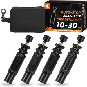 Adjustable Auto-Stop Tire Deflator Valve Kit (10-30 PSI) 4 PCS Screw-on Tyre Air Down Tool for Offroad 4x4 (with 5 Valve caps)