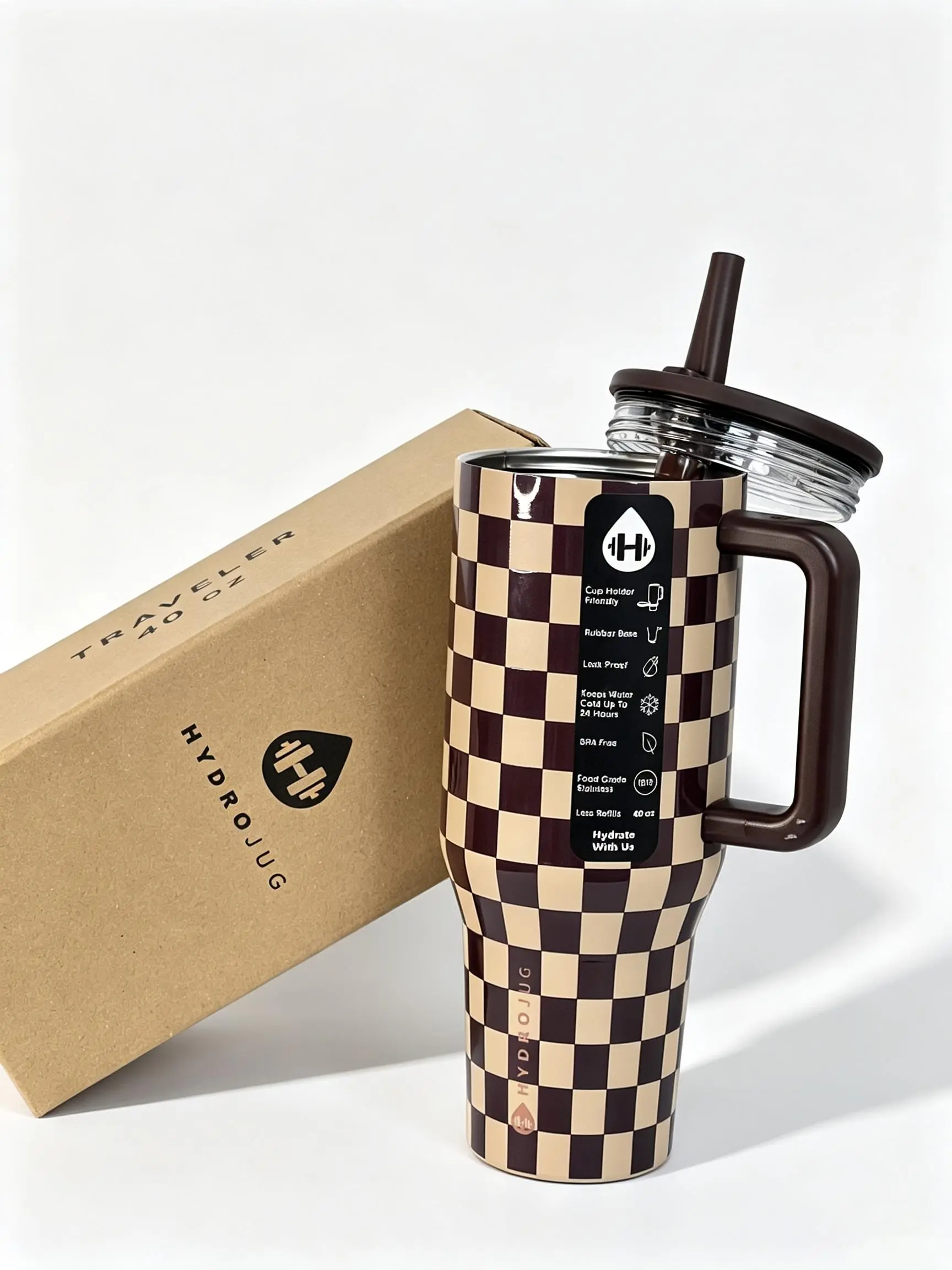 HydroJug 40oz Traveler Stainless Steel Sports Water Bottle - Mocha Checkerboard Print, Ergonomic Handle, BPA-Free, 1,000-2,000 ml Capacity, 7-12 Hours Insulation, Ideal for Adults to Stay Hydrated During Sports, Outdoor Activities