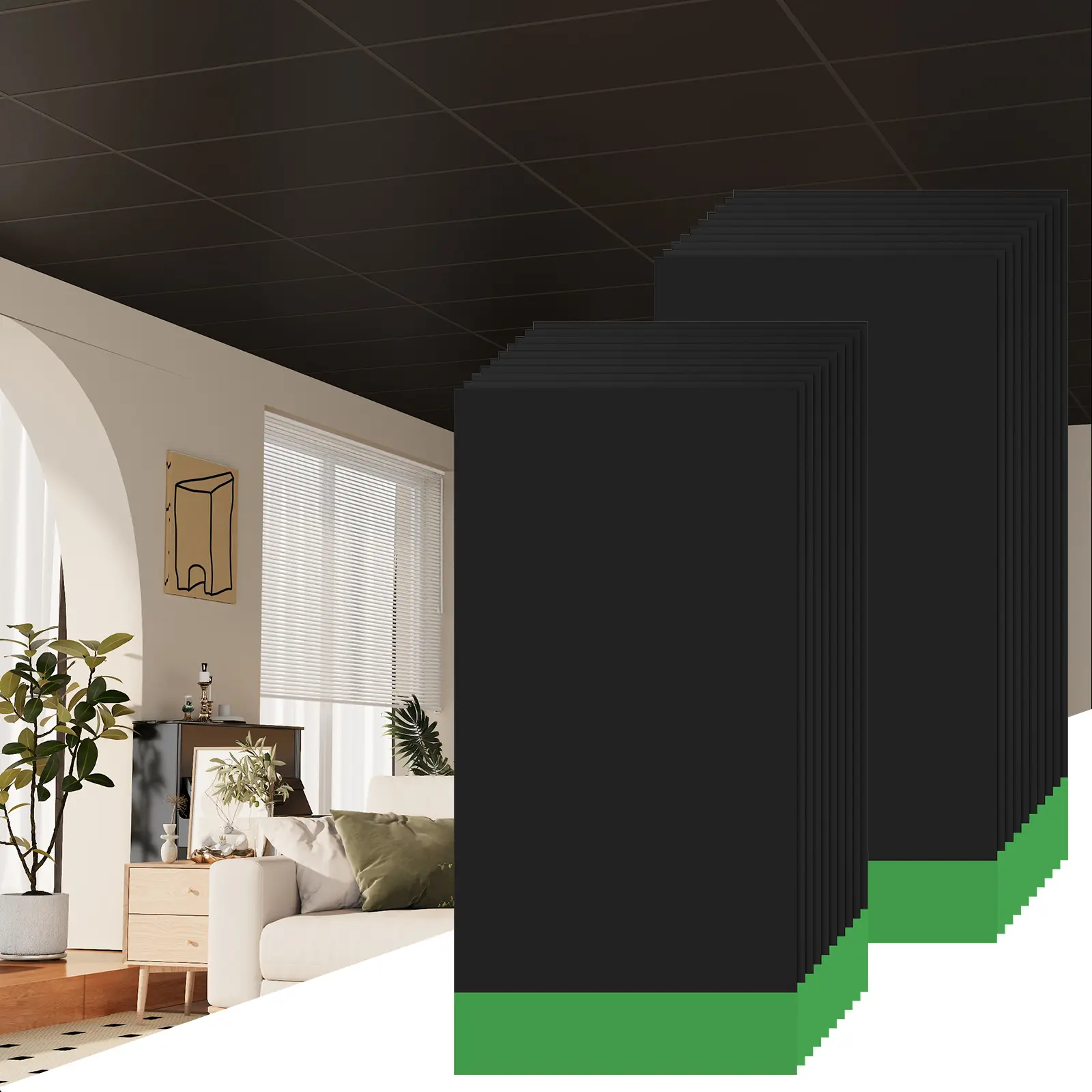 LooYee Decorative Black PVC Drop Ceiling Tiles (24x48 in/2x4 ft, 6 Pcs, 48 Sq.Ft Coverage) - Waterproof, Fire-Resistant, Durable, Lightweight, Easy-Installation for Residential Bedroom, Living Room