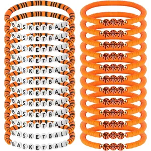 24 Pack Basketball Team Gift Basketball Letter Clay Beaded Bracelet Bulk Sports Party Favor Orange Black Adjustable Sport Bracelets Player Gift for Teen Adults