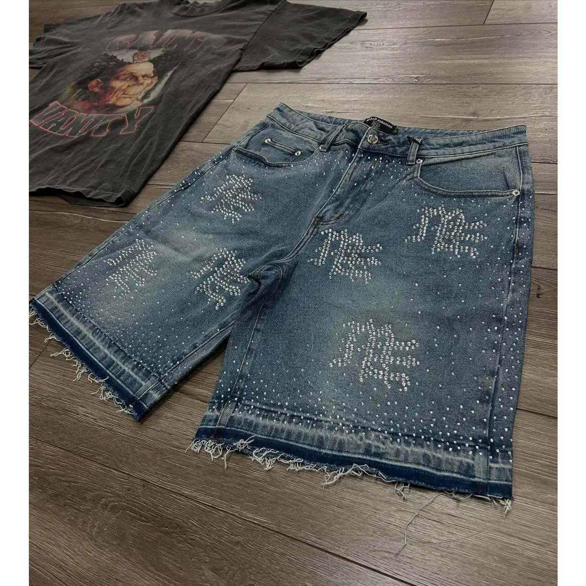 Streetwear Mens Vintage Rhinestone Sequin Denim Shorts Y2K Jeans Hip Hop Baggy Denim Gym Shorts Casual Basketball Shorts