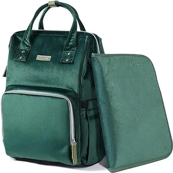 Velvet Stitching Bag Backpack Large Capacity Tote Shoulder Bag Organizer for Baby Care with Insulated Pockets,Waterproof Fabric, Green