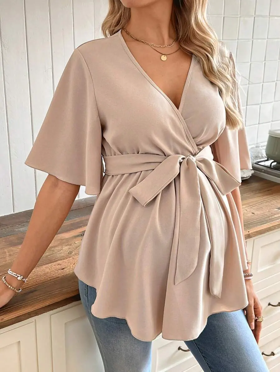 NOGN x V-Neck Ruffle Maternity Blouse With Belt