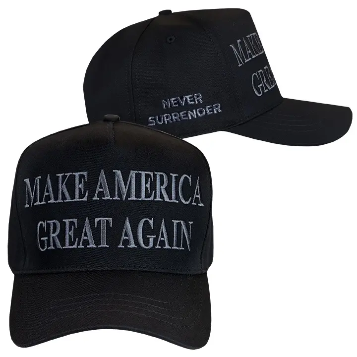 Dark Maga Hat - Make America Great Again with Never Surrender Text Black Cap