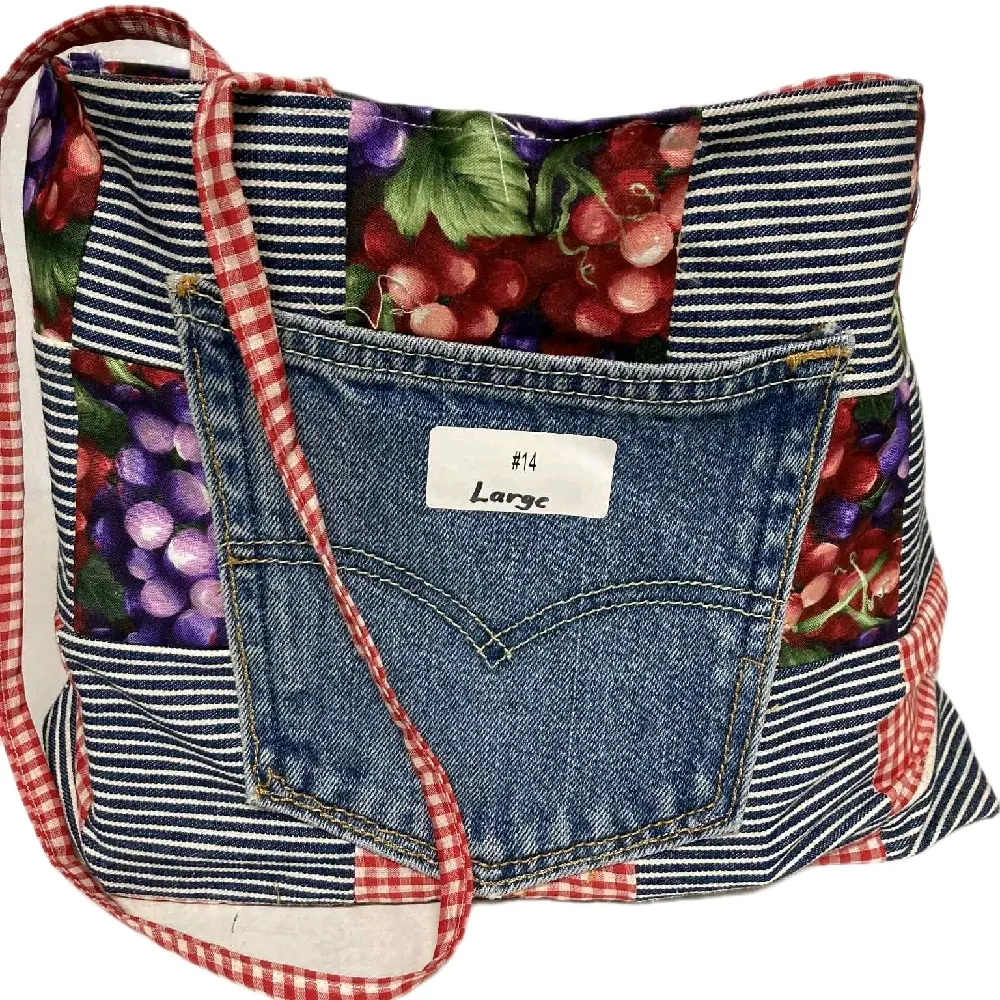 Hershbergers Homemade Amish Hand-Sewn Upcycled Denim Grape & Hydrangea Large Tote Bag with Striped Design and Denim Pocket