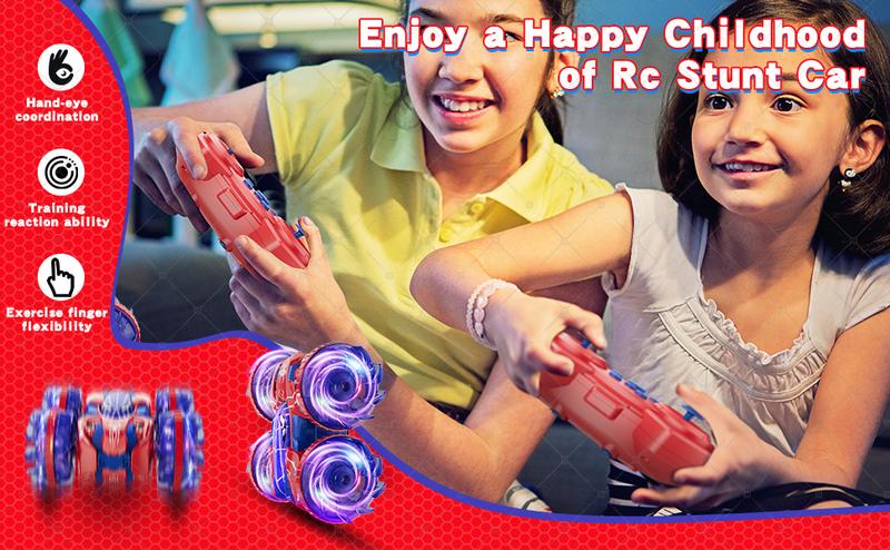 Fygurso Remote Control Car RC Cars with Sides Light Strip and Headlights Double Sided 360 Flips Rotating RC Stunt Car,2.4Ghz All Terrain Toys for Kids Toy for Boys Girls Birthday Gift(Blue)